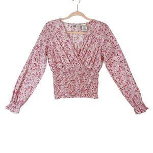 Y2K Faded Glory Top Sz‎ S Pink Ditsy Floral Cottage Smocked Surplice Ruffle
